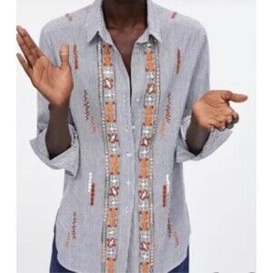 NWT Zara Collection S Striped Embroidered Embellished cotton Button Up Shirt